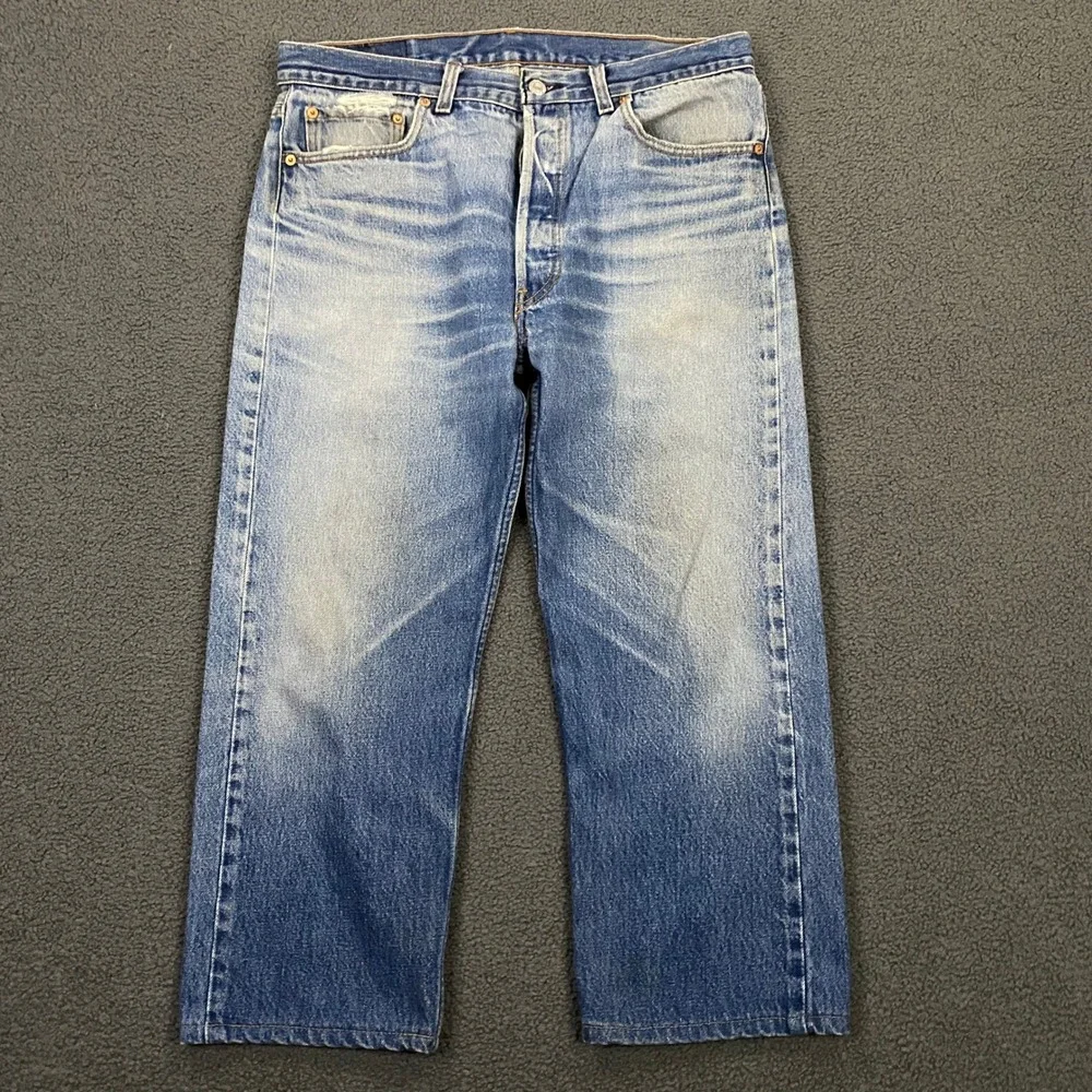 Vintage 90s Levis 501 Jeans Fits 33x24 USA Made Faded Whiskers Cropped Hemmed